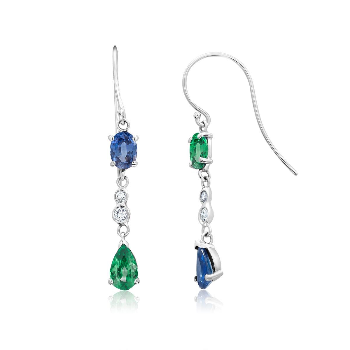 Women's Emerald Mirroring Sapphire Diamond Hoop Drop Gold Earrings Weighing 2.35 Carat 