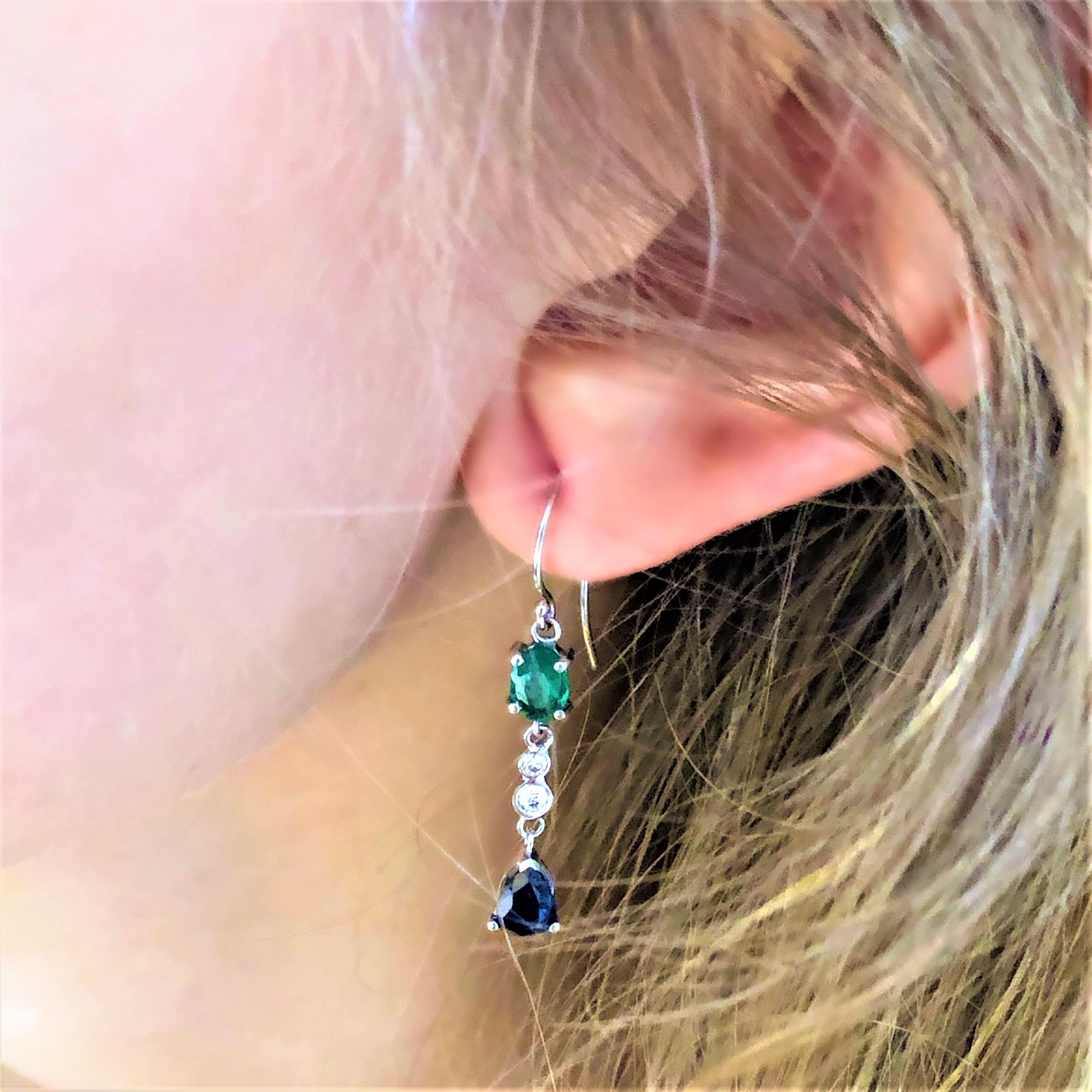 Emerald Mirroring Sapphire Diamond Hoop Drop Gold Earrings Weighing 2.35 Carat  1