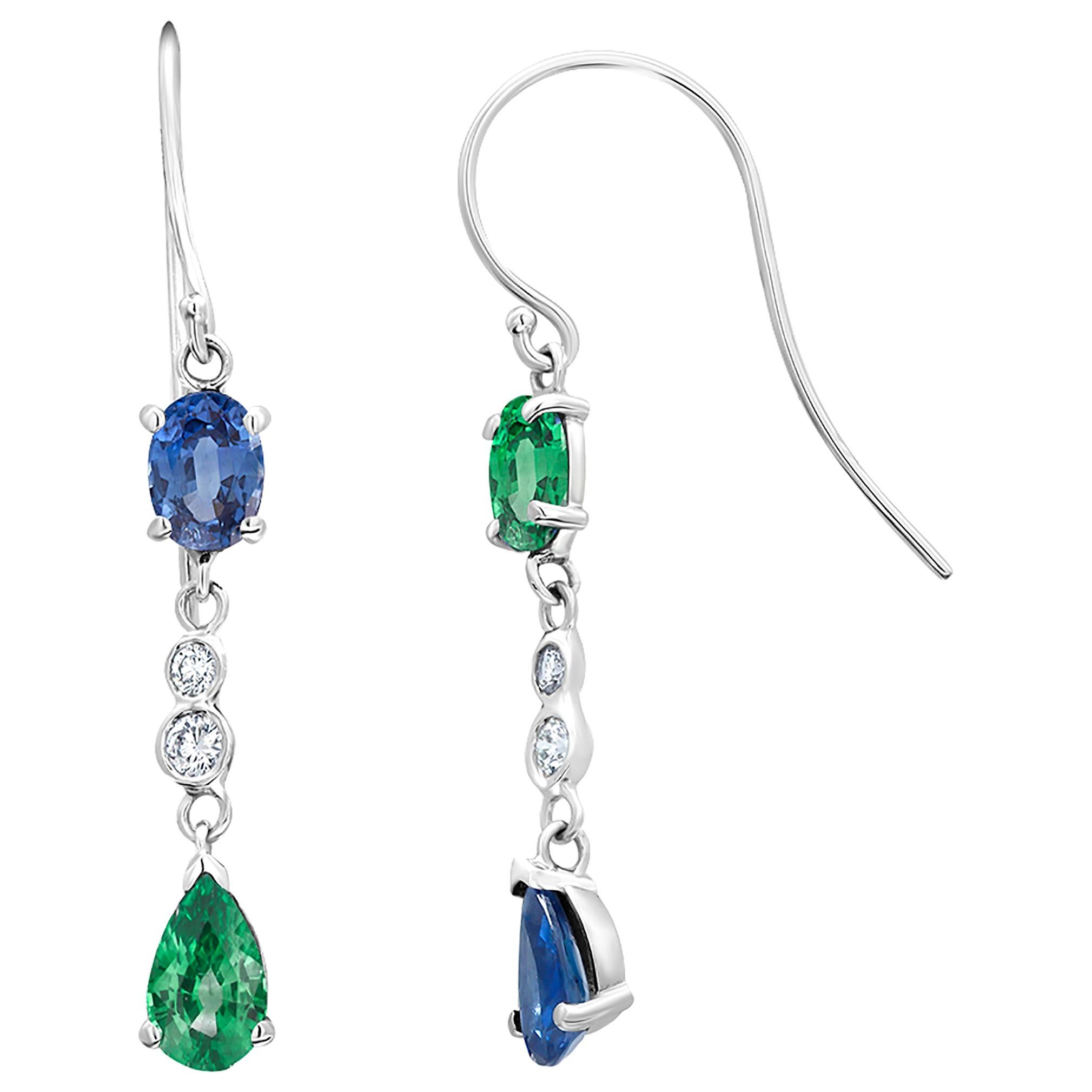 Emerald Mirroring Sapphire Diamond Hoop Drop Gold Earrings Weighing 2.35 Carat 