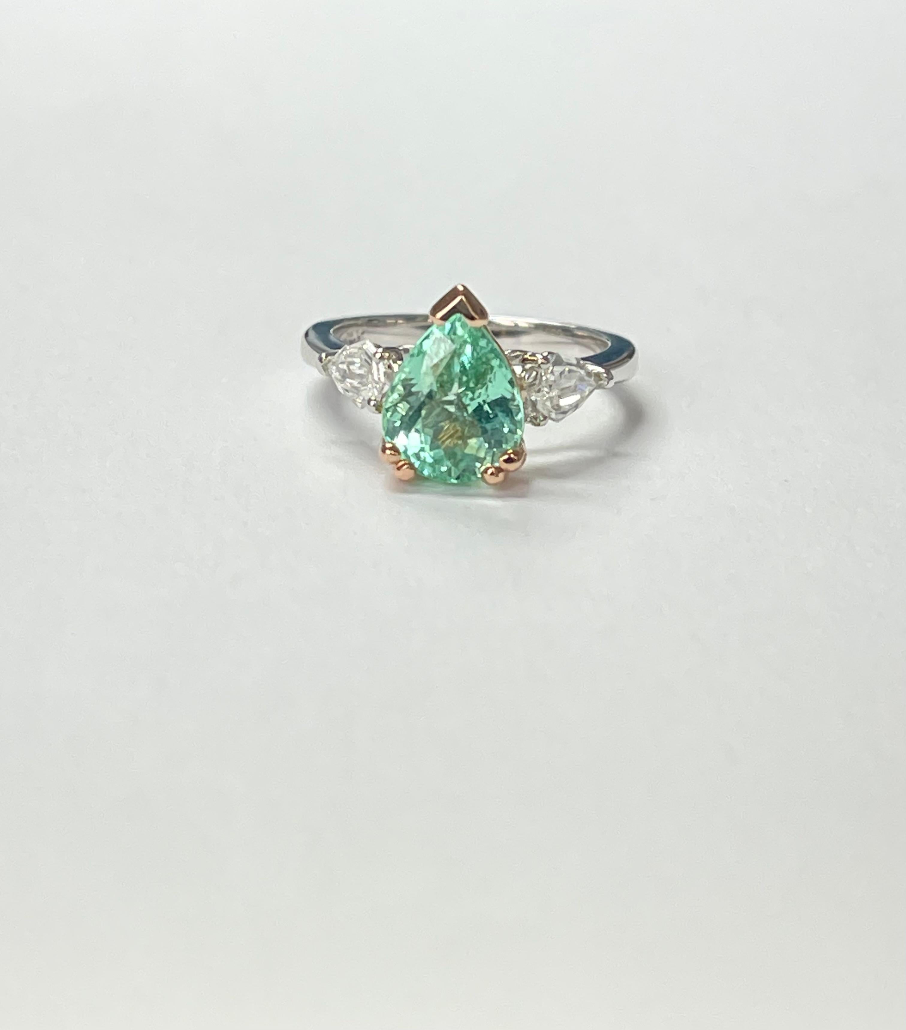 Contemporary Pear Shape Paraiba And Diamond Engagement Ring In White Gold. For Sale