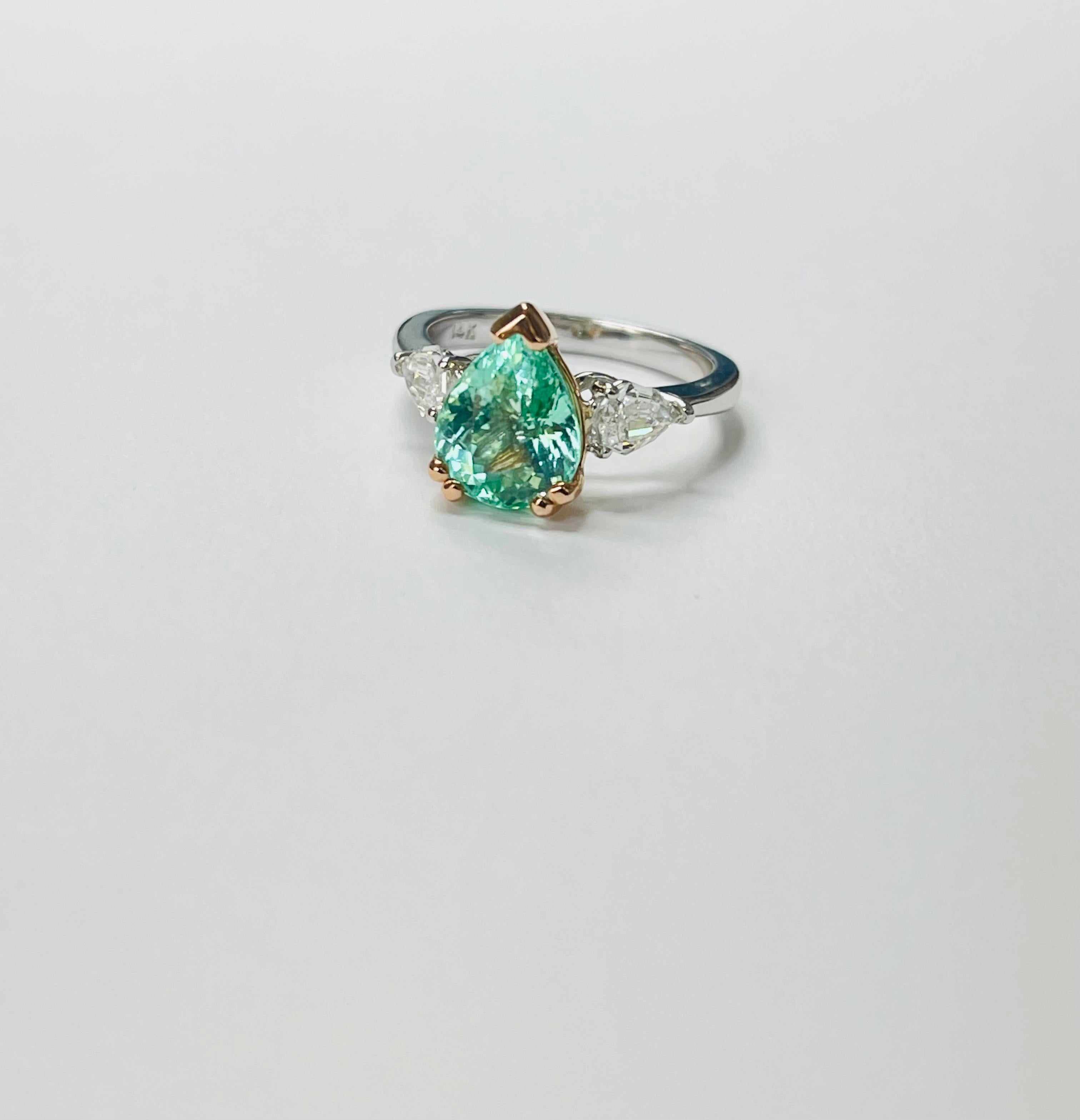 Pear Shape Paraiba And Diamond Engagement Ring In White Gold. For Sale 3