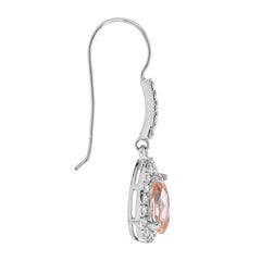 Pear Shape Peach Orange Morganite & Diamond Halo Dangle 14K White Gold Earrings