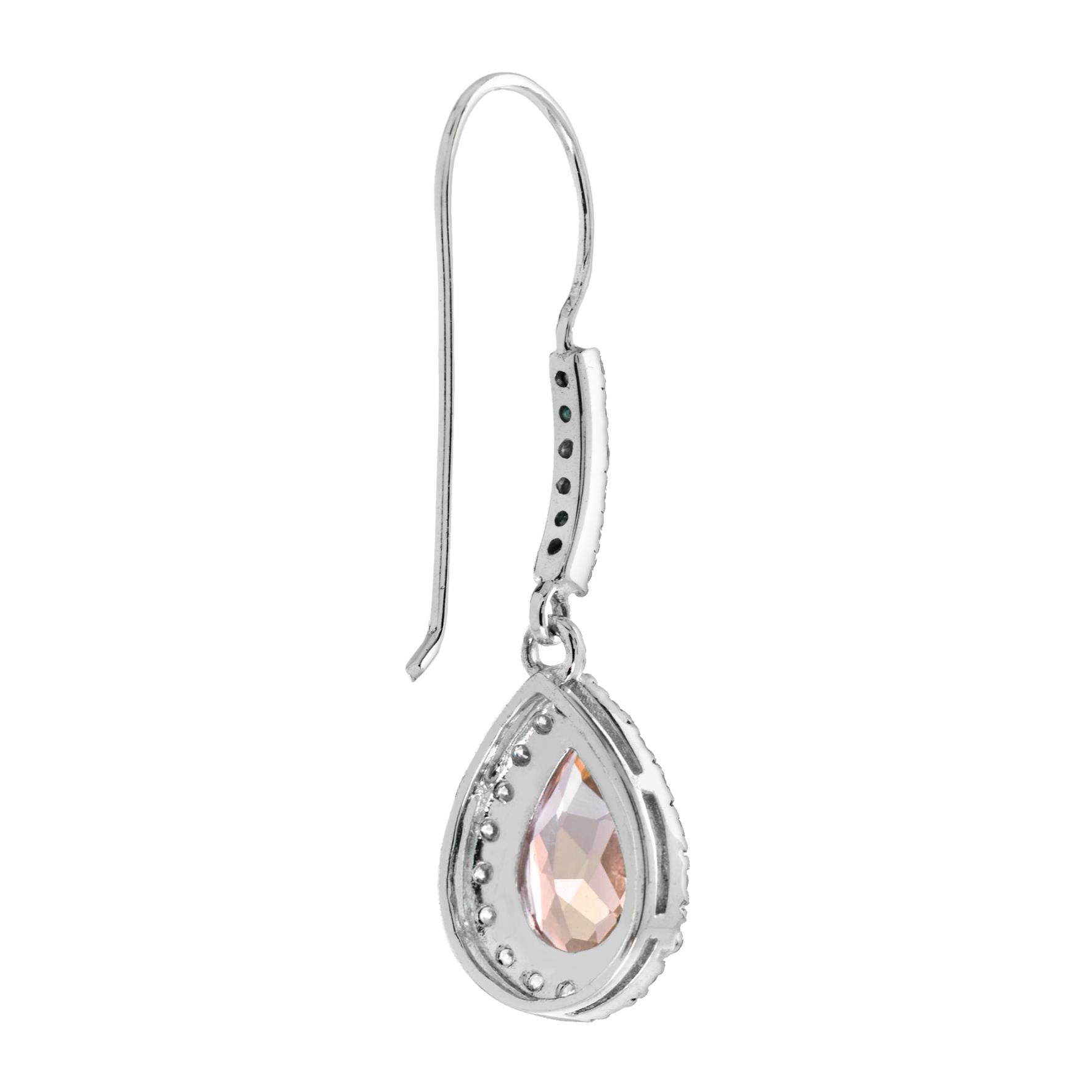 Pear Cut Pear Shape Peach Orange Morganite & Diamond Halo Dangle 14K White Gold Earrings For Sale