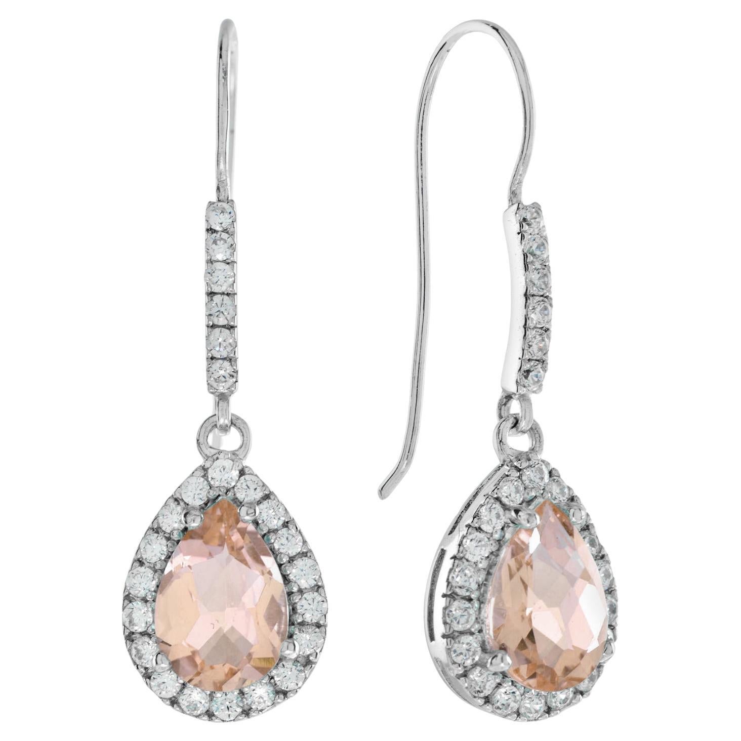 Pear Shape Peach Orange Morganite & Diamond Halo Dangle 14K White Gold Earrings For Sale