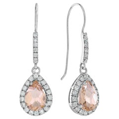Pear Shape Peach Orange Morganite & Diamond Halo Dangle 14K White Gold Earrings