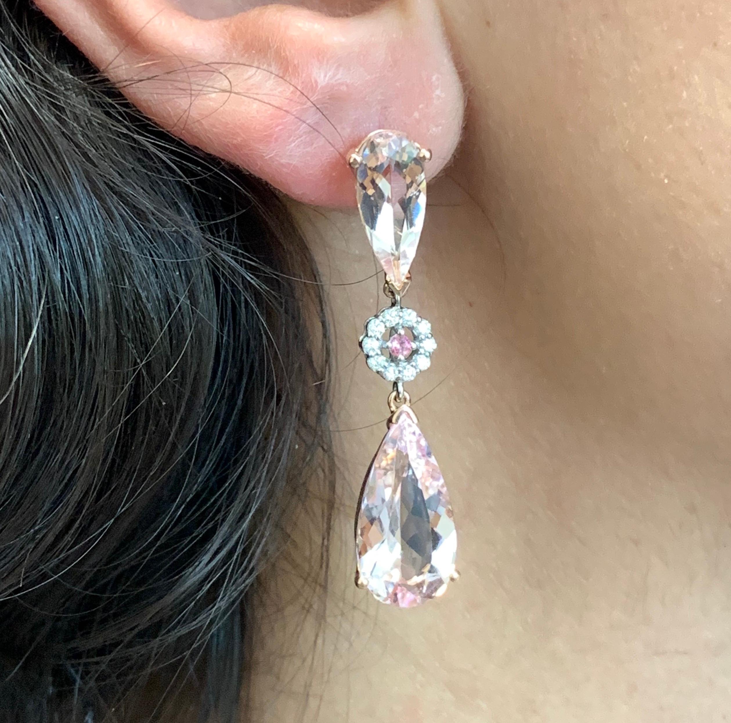Contemporary Pear Shape Pink Morganite, Pink Tourmaline and White Diamond Earrings 14K Gold For Sale