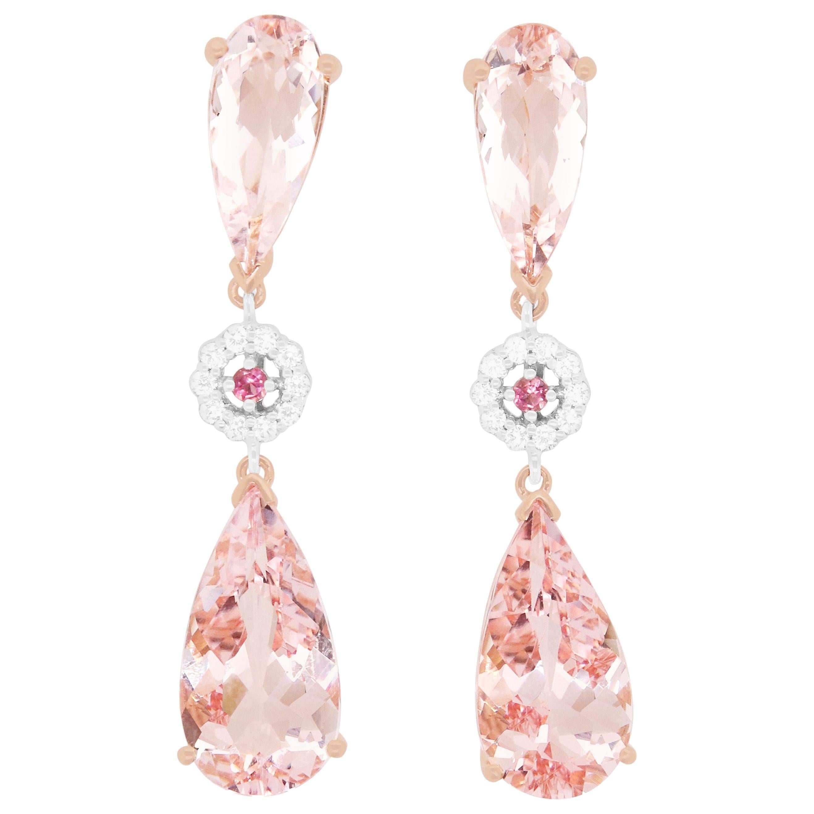 Pear Shape Pink Morganite, Pink Tourmaline and White Diamond Earrings 14K Gold For Sale