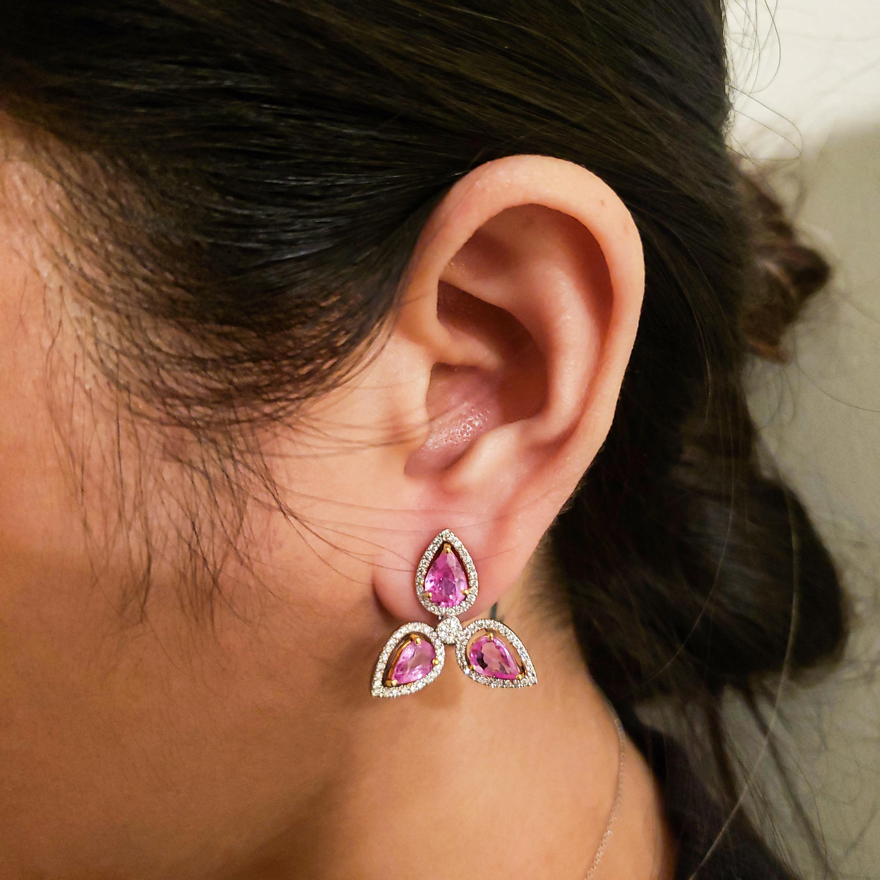 Pear Cut Pear Shape Pink Sapphire and Diamond Halo Drop Earrings For Sale