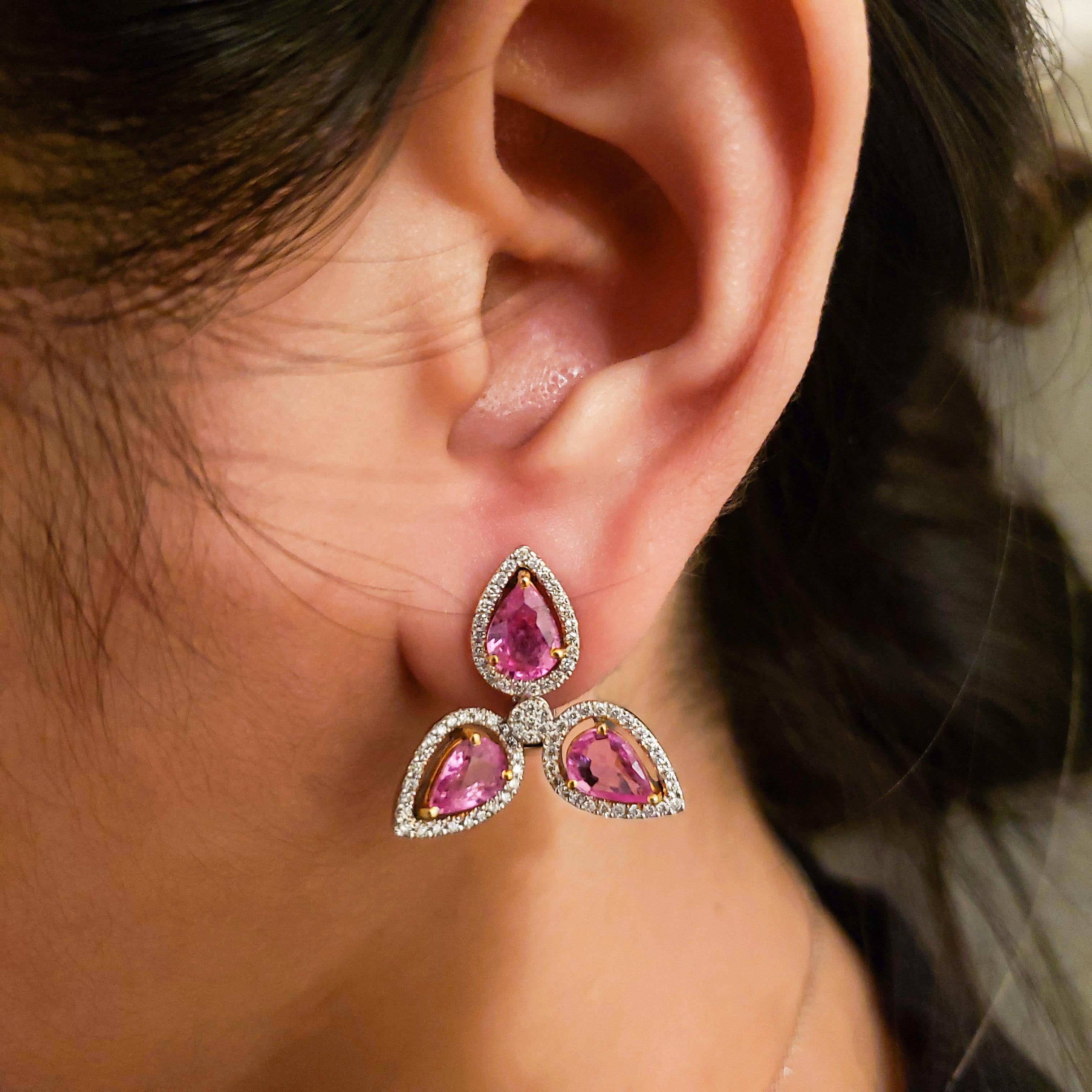Pear Shape Pink Sapphire and Diamond Halo Drop Earrings In New Condition For Sale In New York, NY