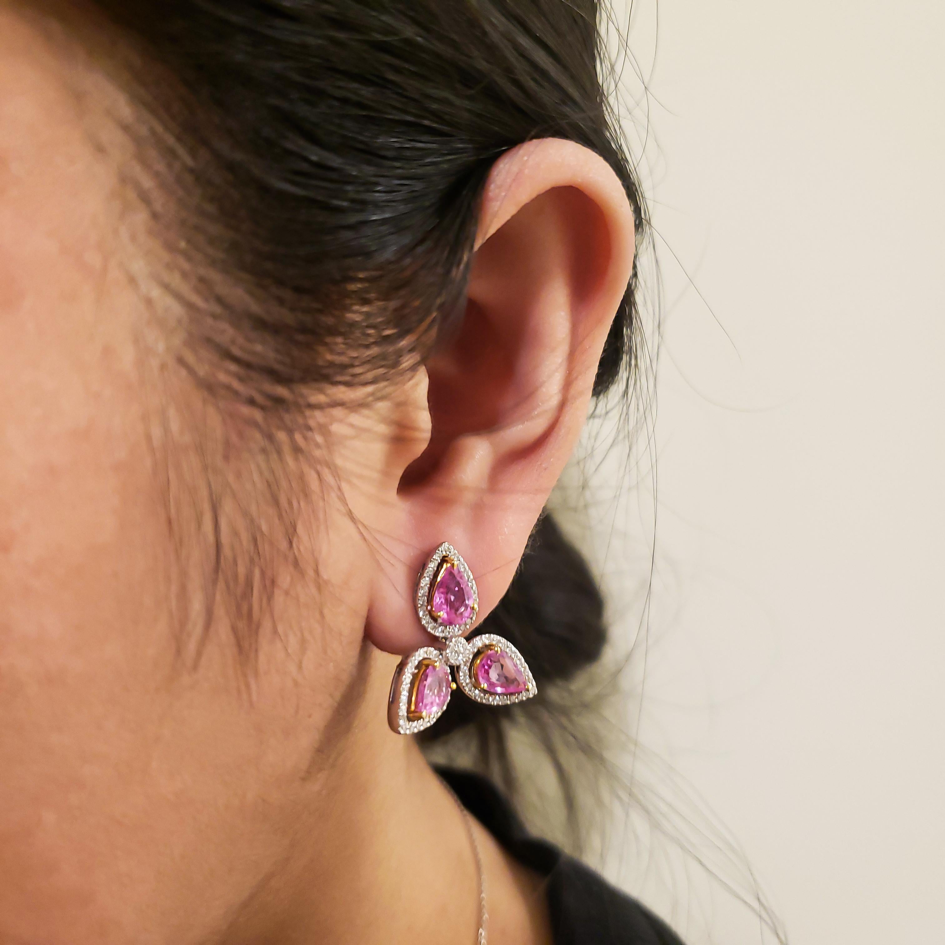 Women's or Men's Pear Shape Pink Sapphire and Diamond Halo Drop Earrings For Sale