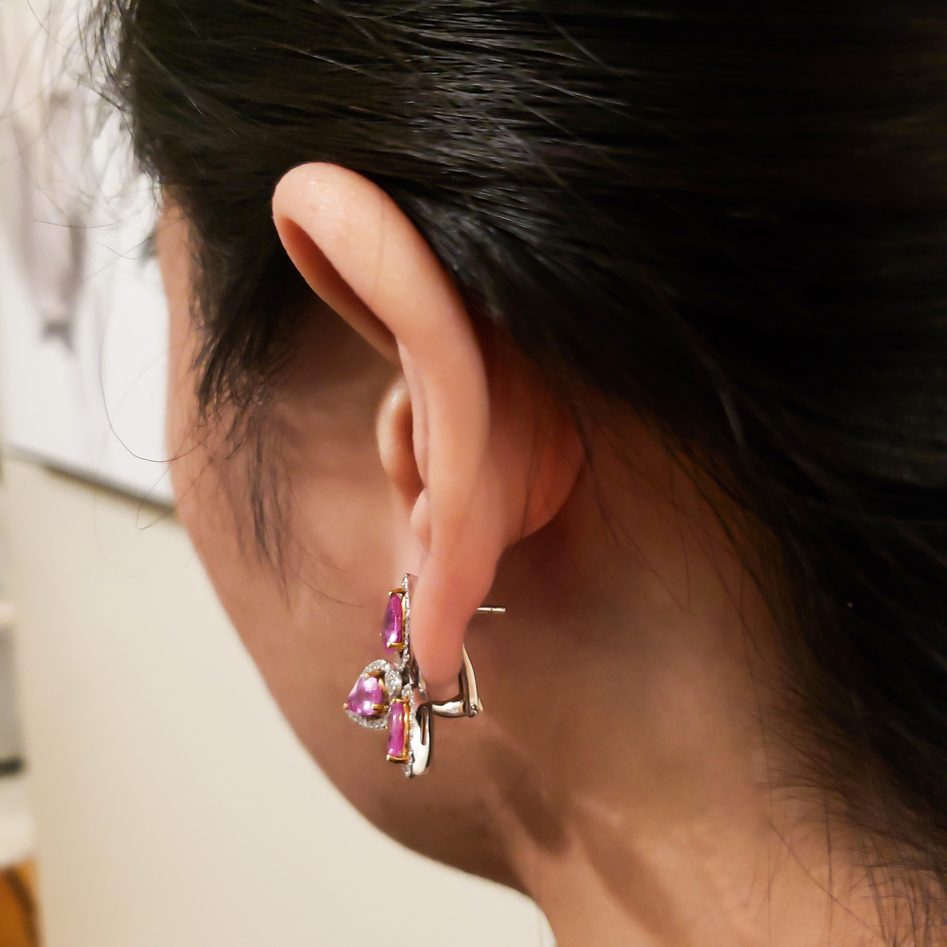Pear Shape Pink Sapphire and Diamond Halo Drop Earrings For Sale 1