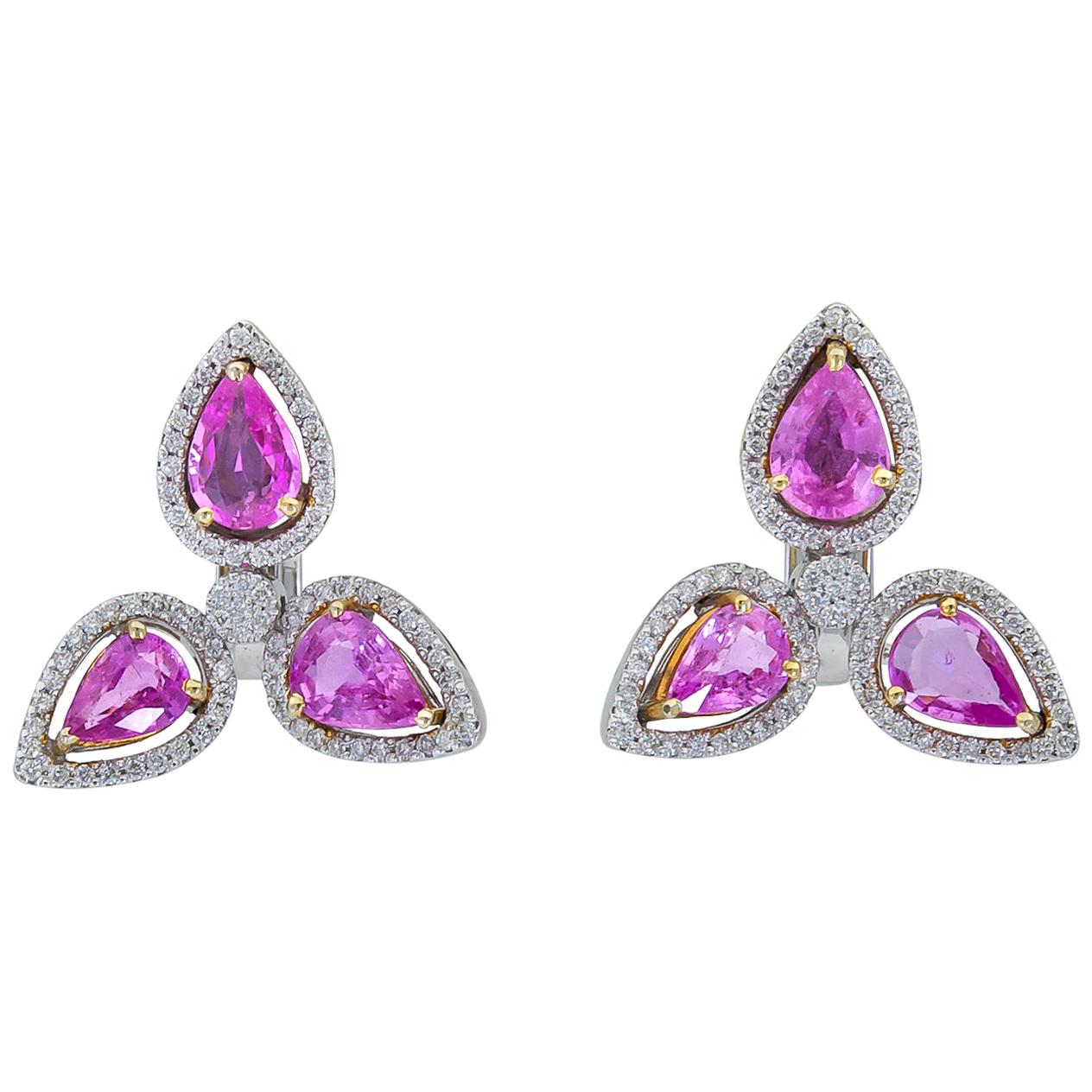 Pear Shape Pink Sapphire and Diamond Halo Drop Earrings
