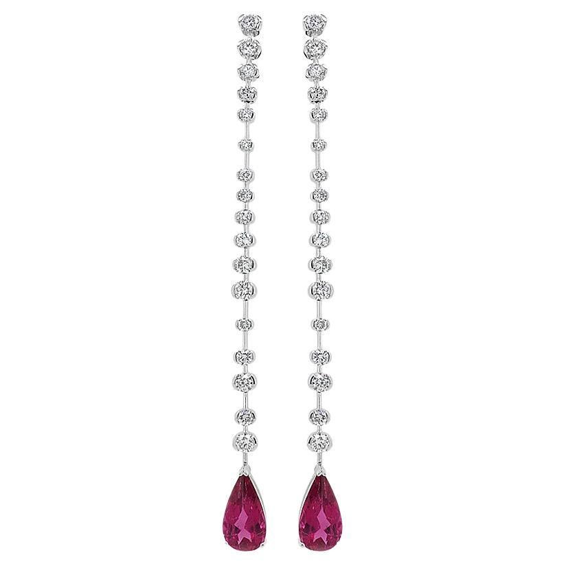 Pear Shape Pink Tourmaline White Diamond 18K White Gold Drop Nova Earrings