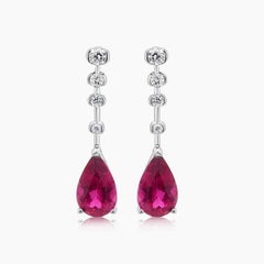 Pear Shape Pink Tourmaline White Diamond 18K White Gold Drop Style Earrings