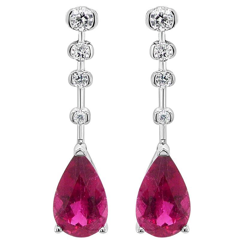 Pear Shape Pink Tourmaline White Diamond 18K White Gold Drop Style Earrings