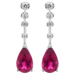 Pear Shape Pink Tourmaline White Diamond 18K White Gold Drop Style Earrings