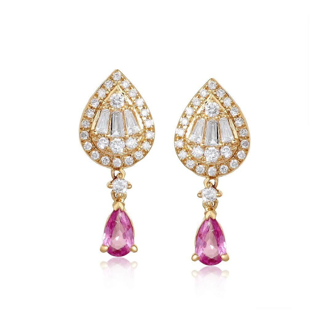 Modern Pear Shape Radiant 14K Yellow Gold Drop Earrings For Sale