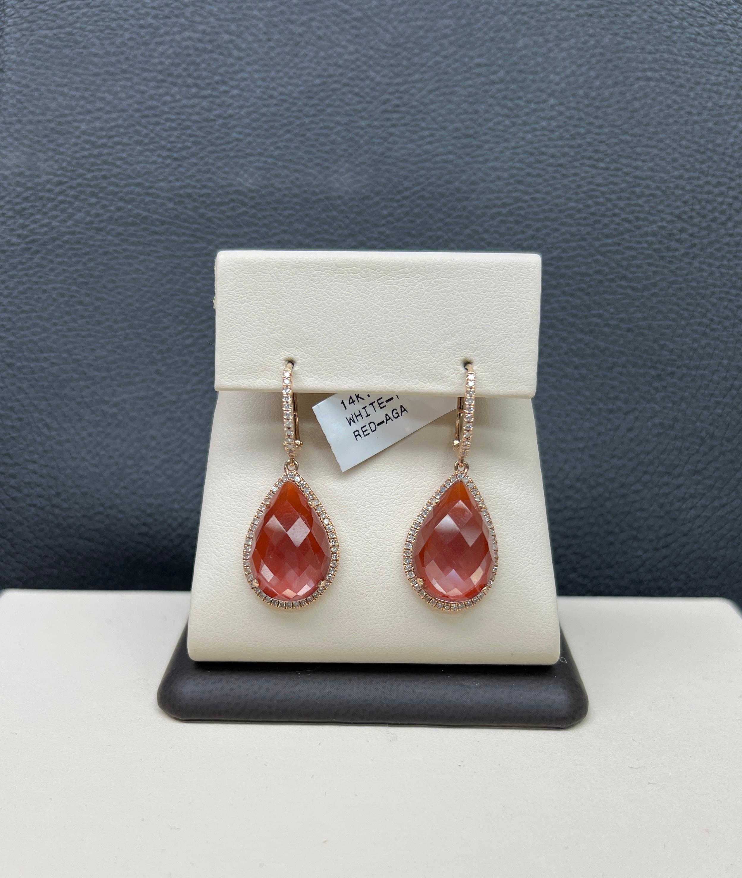 14K Solid Rose Gold Diamond Red Agate Earrings 
High Polish Finish  
Handset Natural White Diamond .48 Total Carat Weight 
Excellent Full Cut Round Stones H Color SI 
Natural Pear Shape Red Agate Gem Stones  
Natural White Topaz Backing
Brand New