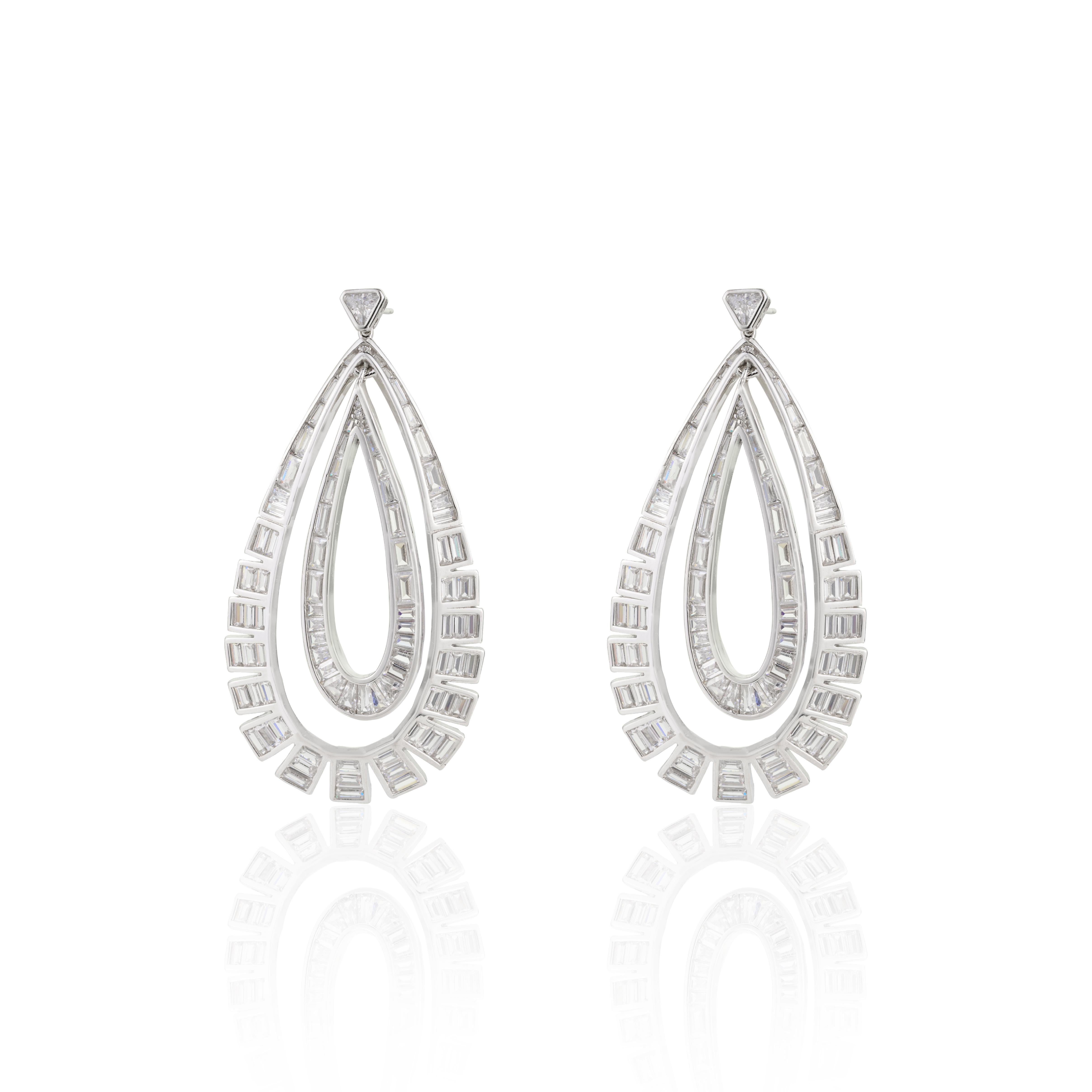 Art Nouveau Pear Shape Rhinestone Double Layered Dangler Silver Earrings Gift for Engagement For Sale