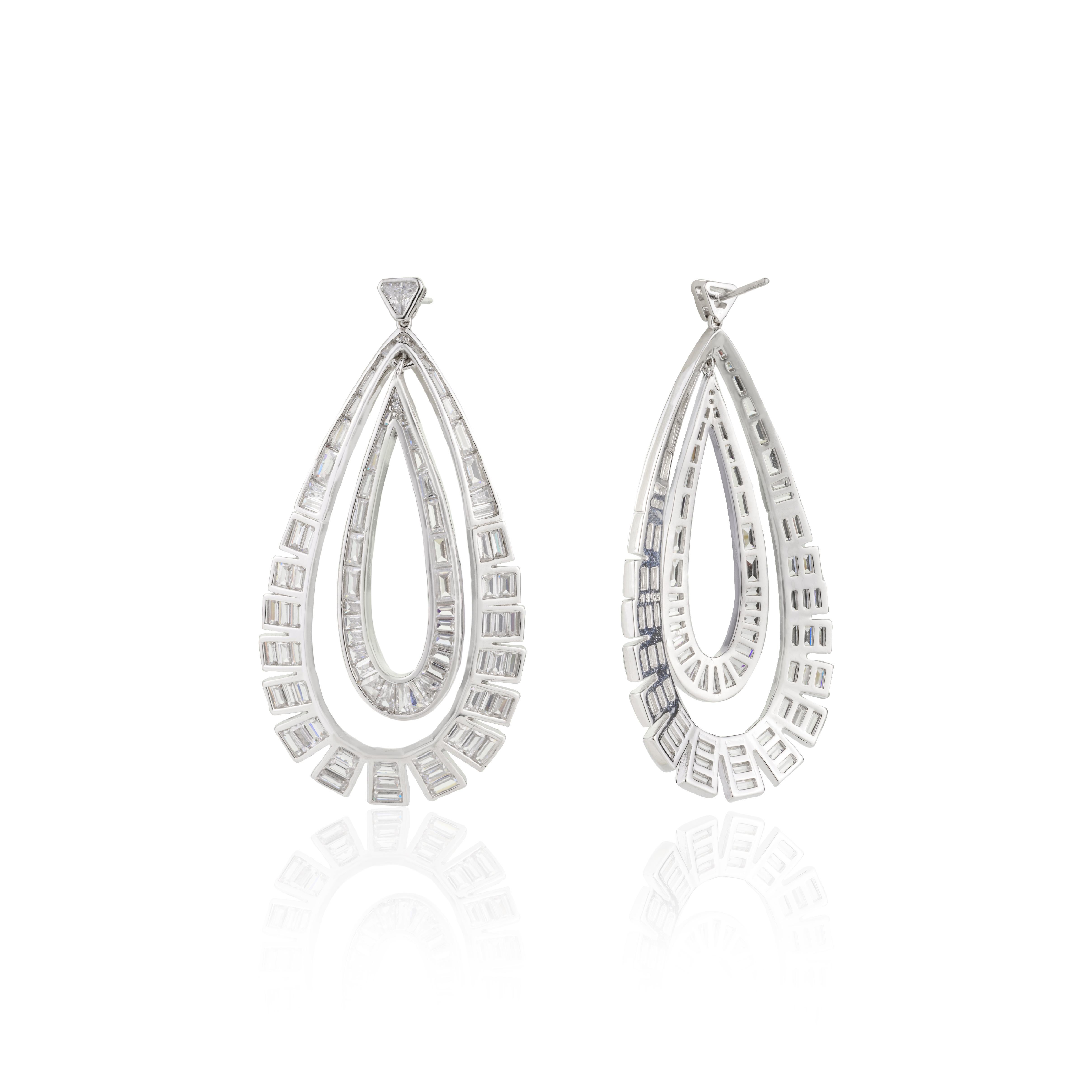 Pear Shape Rhinestone Double Layered Dangler Silver Earrings Gift for Engagement For Sale 1