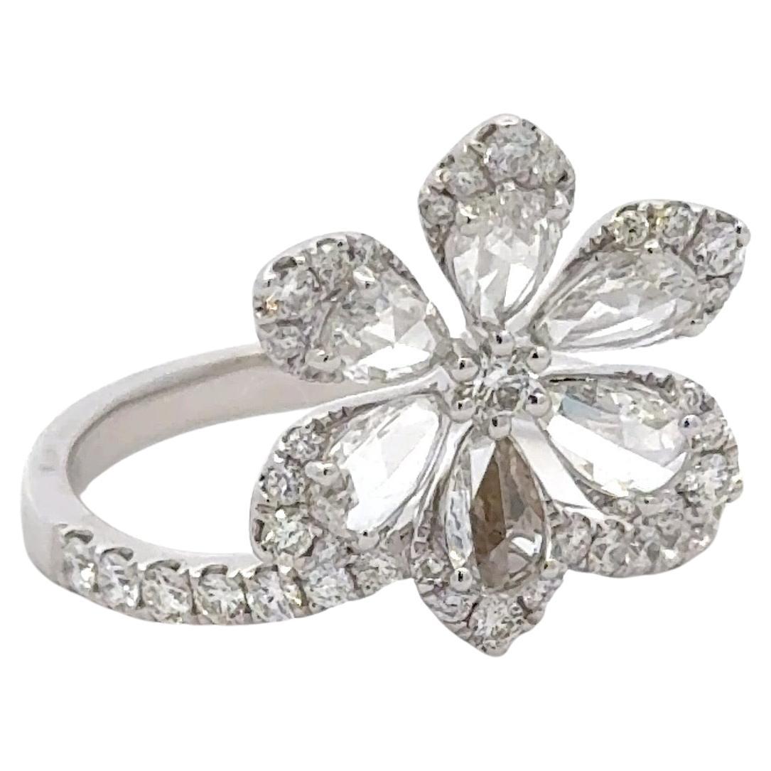 Pear Shape Rose Cut Diamond Floral Cocktail Ring 1.18 Carats 18KT F-G VS1-2