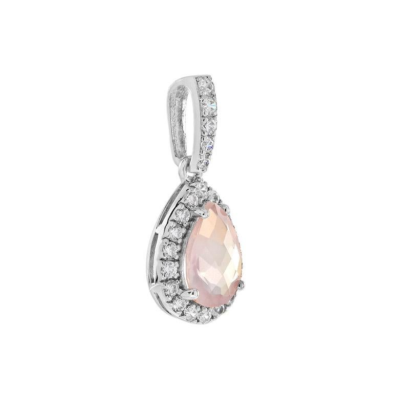 Set in a halo of diamond accents, a pear-shaped rose quartz center takes center stage. The small diamond accents complement the pendant. The pendant is a great anniversary or birthday gift. 14K White Gold.
Pendant Information
Width: 11 mm.
Length: