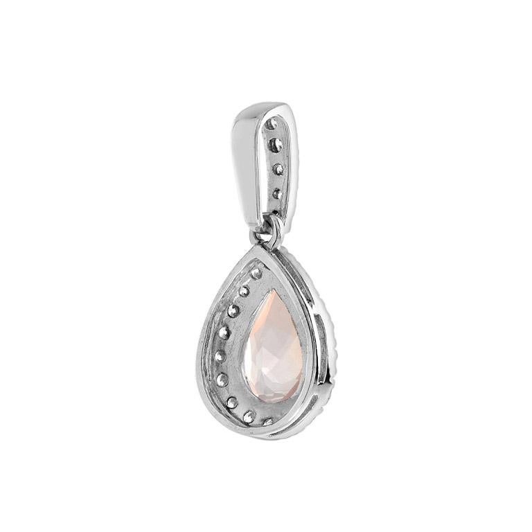 Pear Cut Pear Shape Rose Quartz with Diamond Halo Set Drop 14K White Gold Pendant For Sale