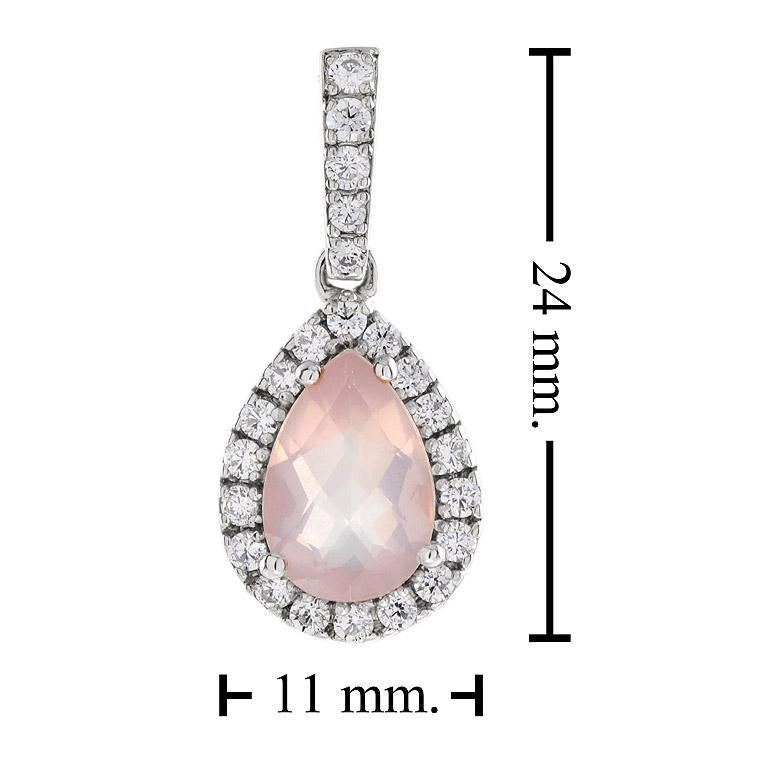 Pear Shape Rose Quartz with Diamond Halo Set Drop 14K White Gold Pendant In New Condition For Sale In Oakton, VA
