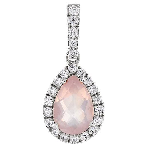 Pear Shape Rose Quartz with Diamond Halo Set Drop 14K White Gold Pendant For Sale