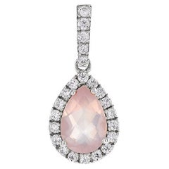 Pear Shape Rose Quartz with Diamond Halo Set Drop 14K White Gold Pendant