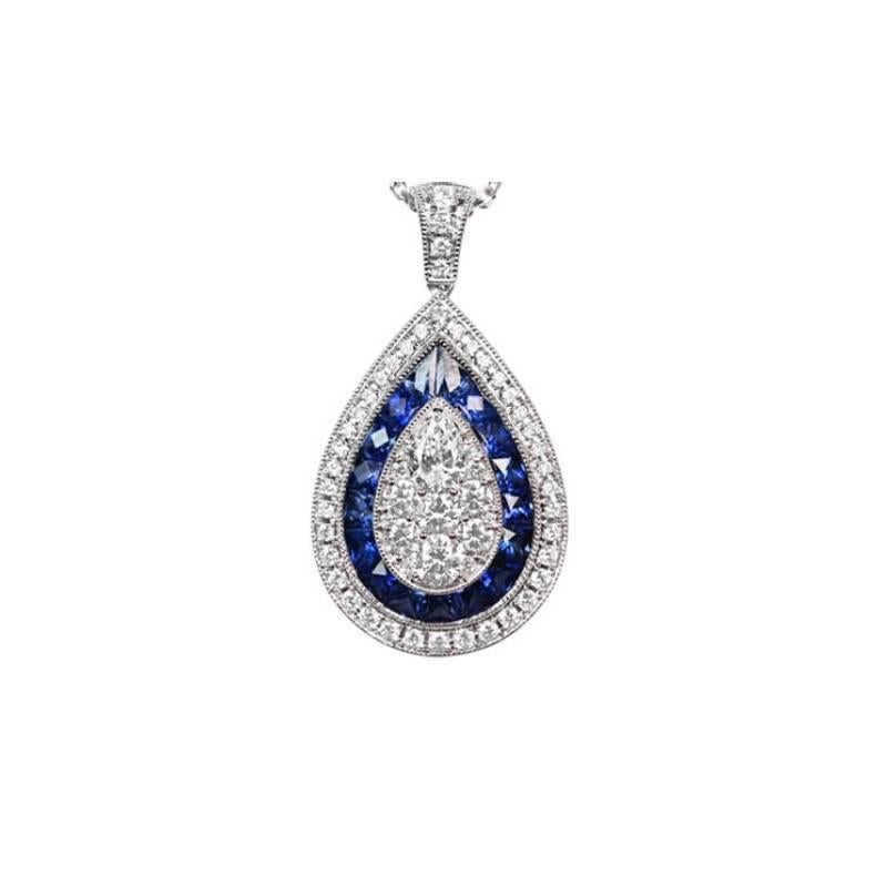 Elevate your style with this captivating 18k white gold pendant, adorned with a mesmerizing pear-shaped diamond and an array of round brilliant diamonds. Expertly set in prongs within a pear-shaped bezel, the center diamonds exude elegance and