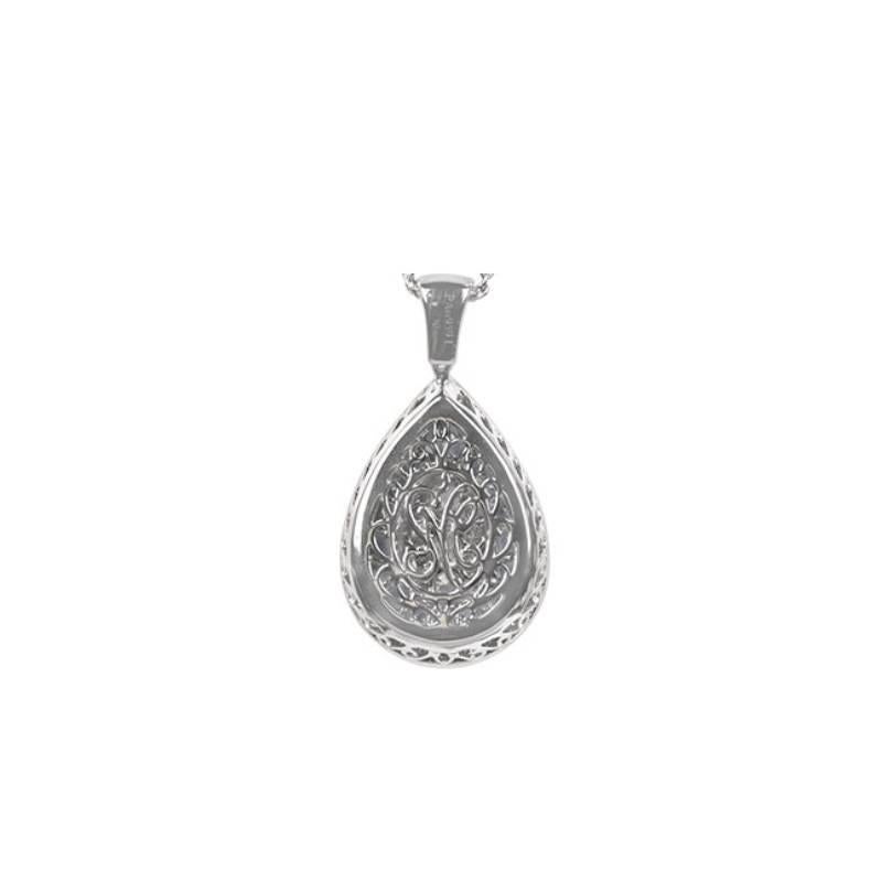 Art Deco Pear Shape & Round Brilliant Diamond Pendant, Sapphire Halo, 18K White Gold For Sale