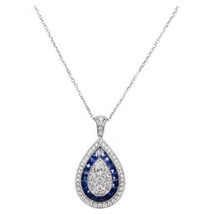 Pear Shape & Round Brilliant Diamond Pendant, Sapphire Halo, 18K White Gold