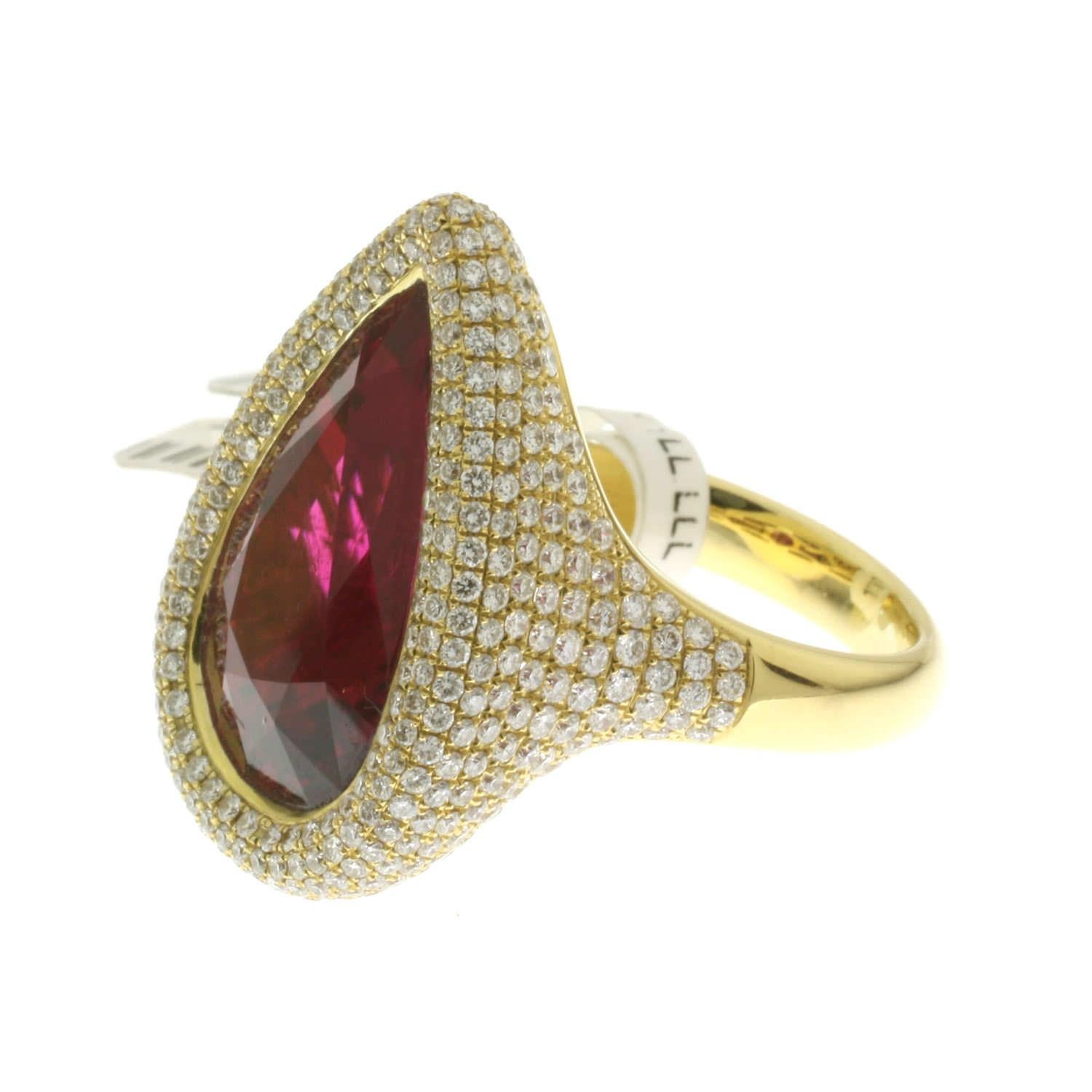 Modern Pear Shape Rubelite Cocktail Ring with Pave Diamonds Made in 18k Yellow Gold For Sale