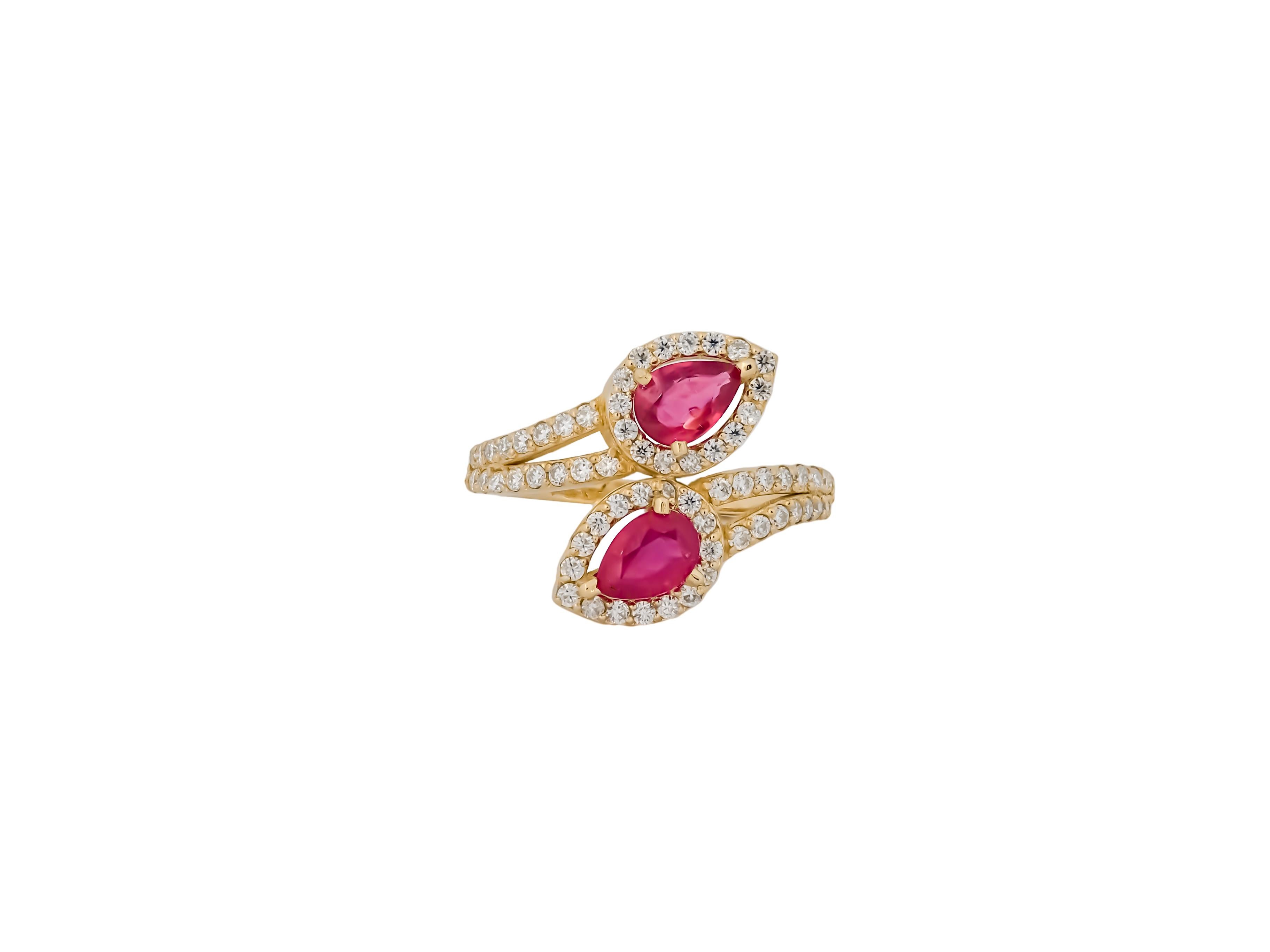 Im Angebot: Birnenform Rubine 14k Gold Ring. () 6