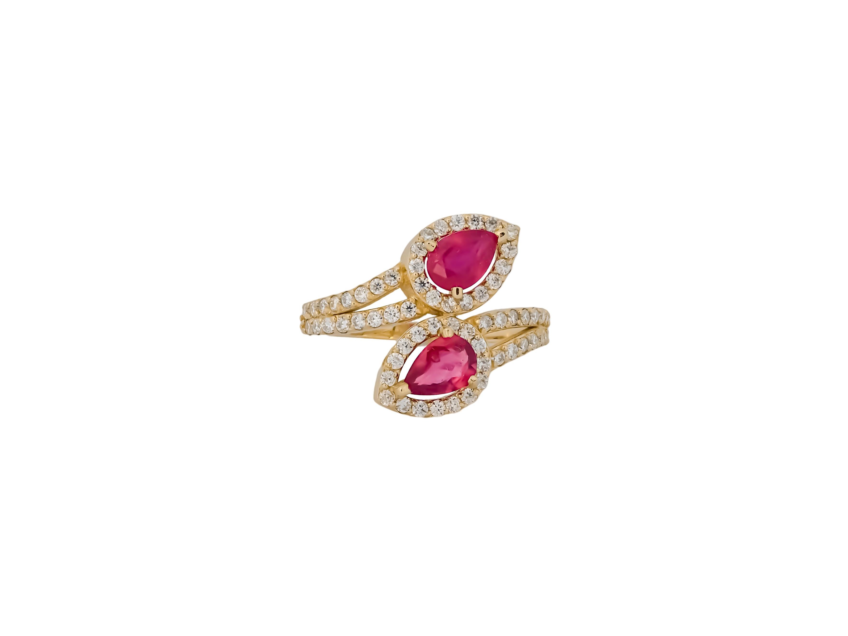 Im Angebot: Birnenform Rubine 14k Gold Ring. () 7