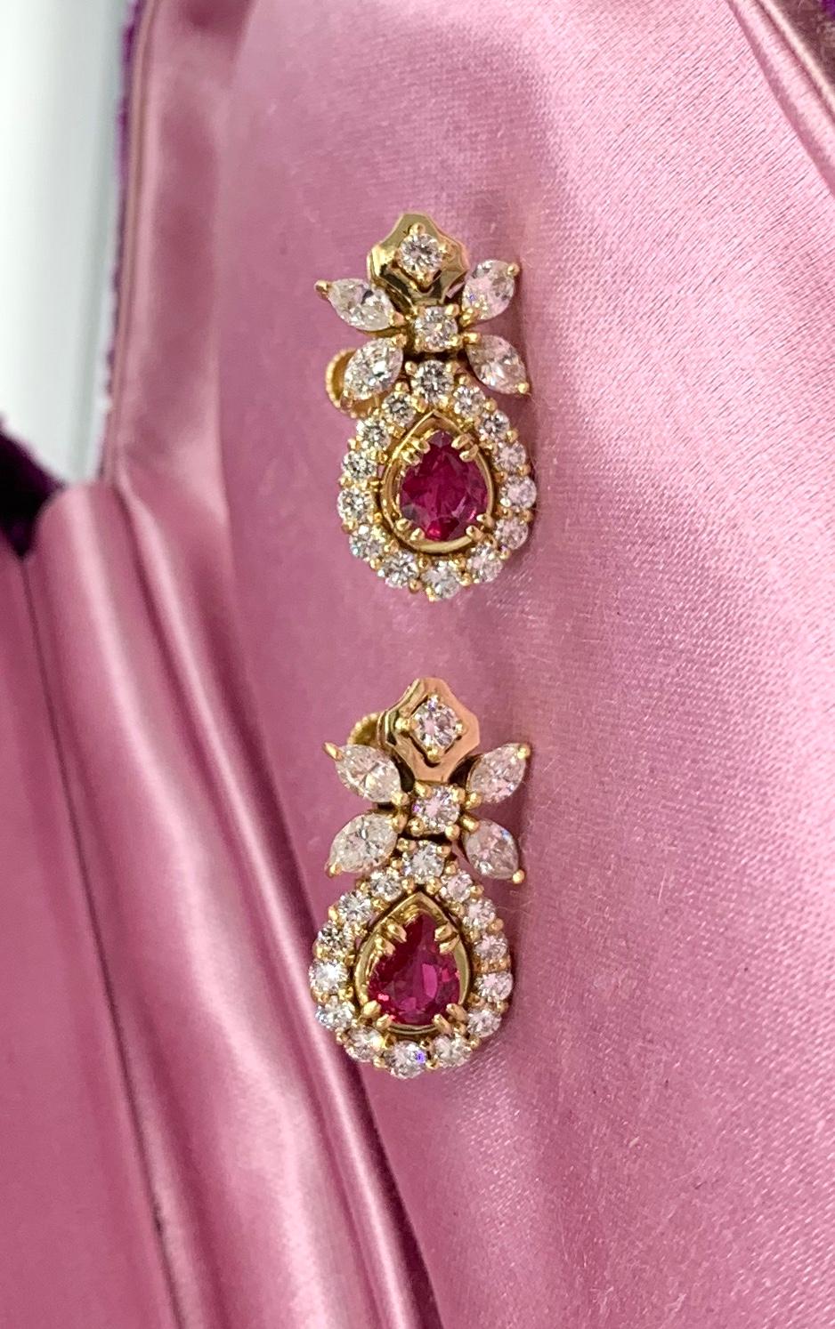Contemporary Pear Shape Ruby 2.4 Carat Diamond Drop Dangle Earrings 18 Karat Gold Flower