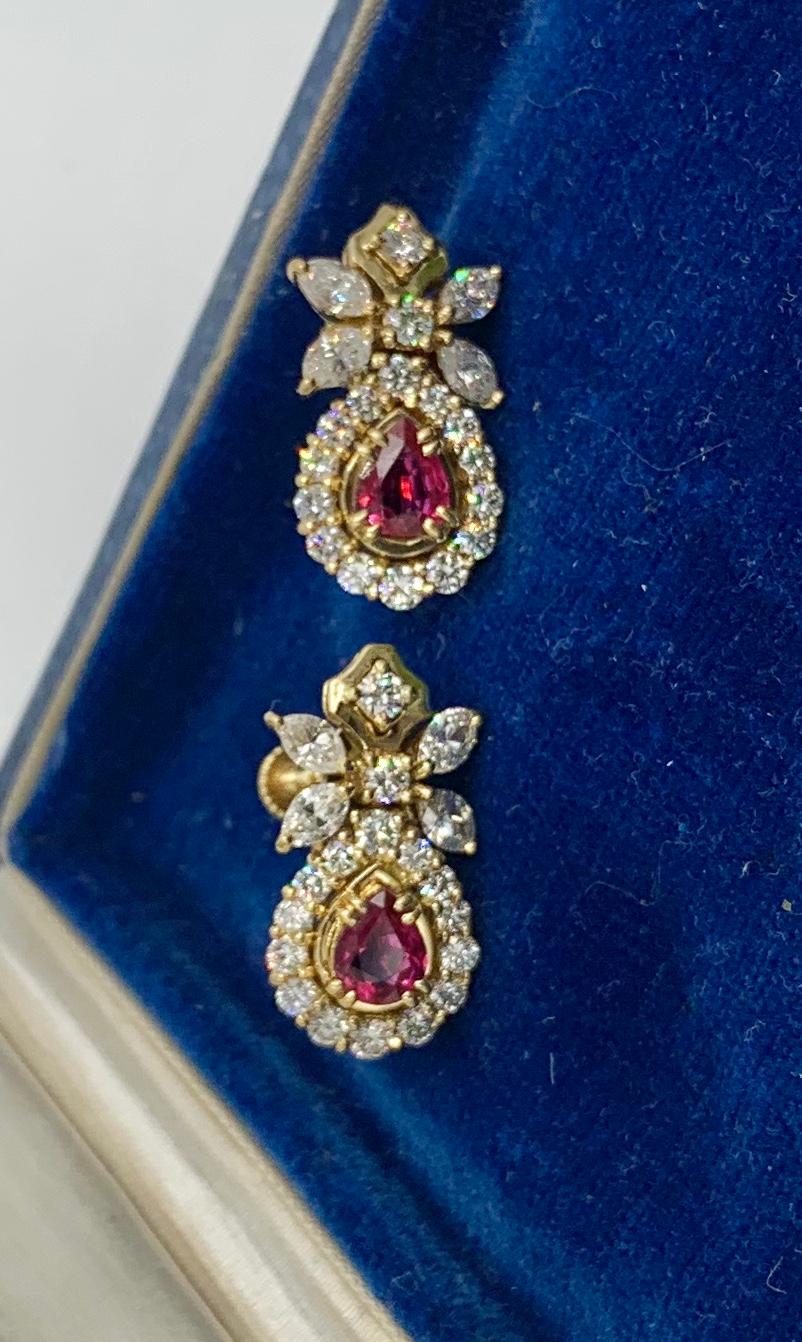 Pear Cut Pear Shape Ruby 2.4 Carat Diamond Drop Dangle Earrings 18 Karat Gold Flower