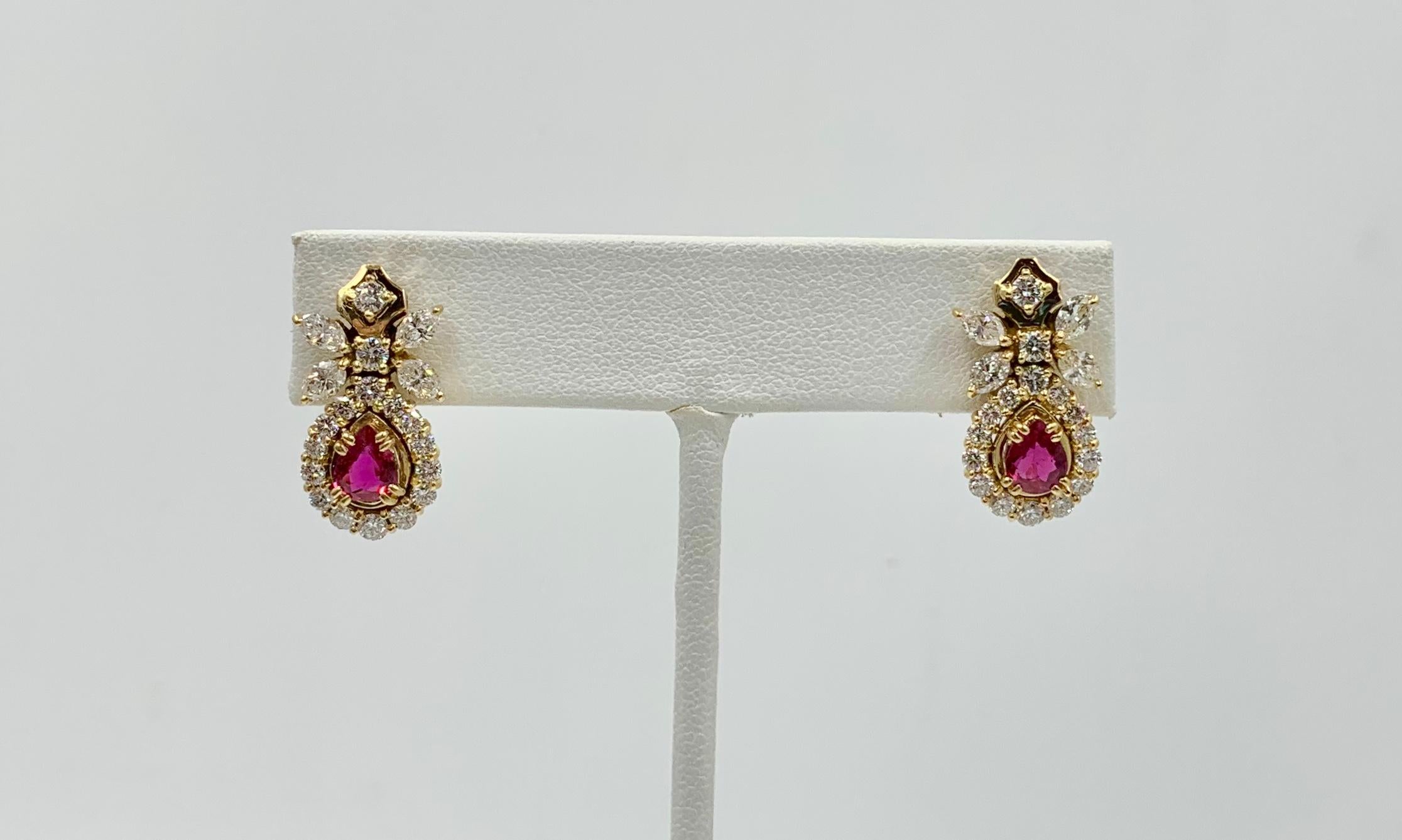 Pear Shape Ruby 2.4 Carat Diamond Drop Dangle Earrings 18 Karat Gold Flower In Good Condition In New York, NY