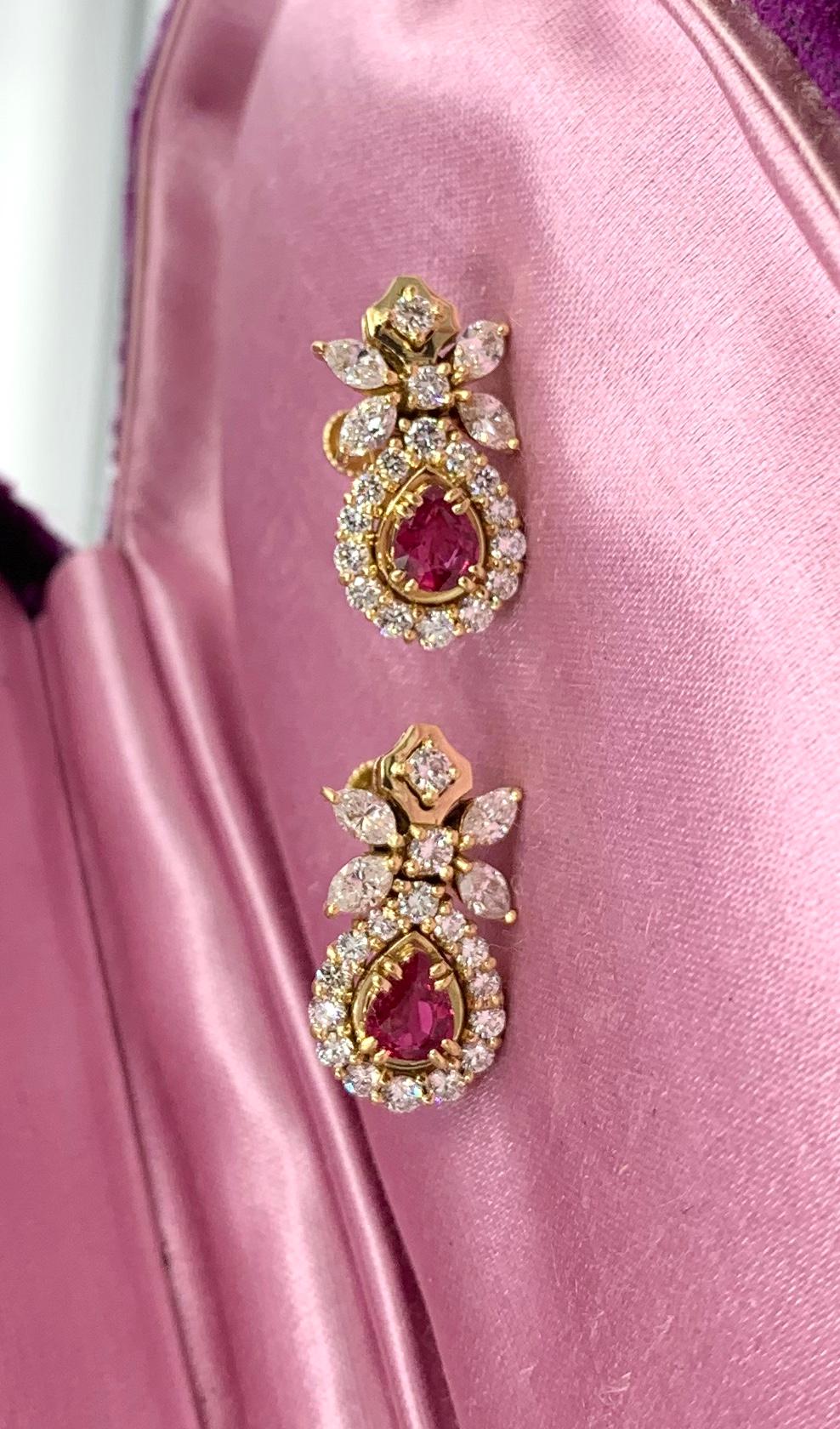 Women's Pear Shape Ruby 2.4 Carat Diamond Drop Dangle Earrings 18 Karat Gold Flower