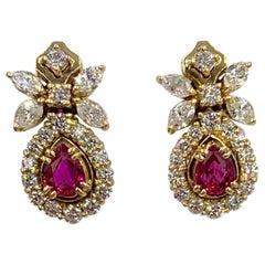 Pear Shape Ruby 2.4 Carat Diamond Drop Dangle Earrings 18 Karat Gold Flower