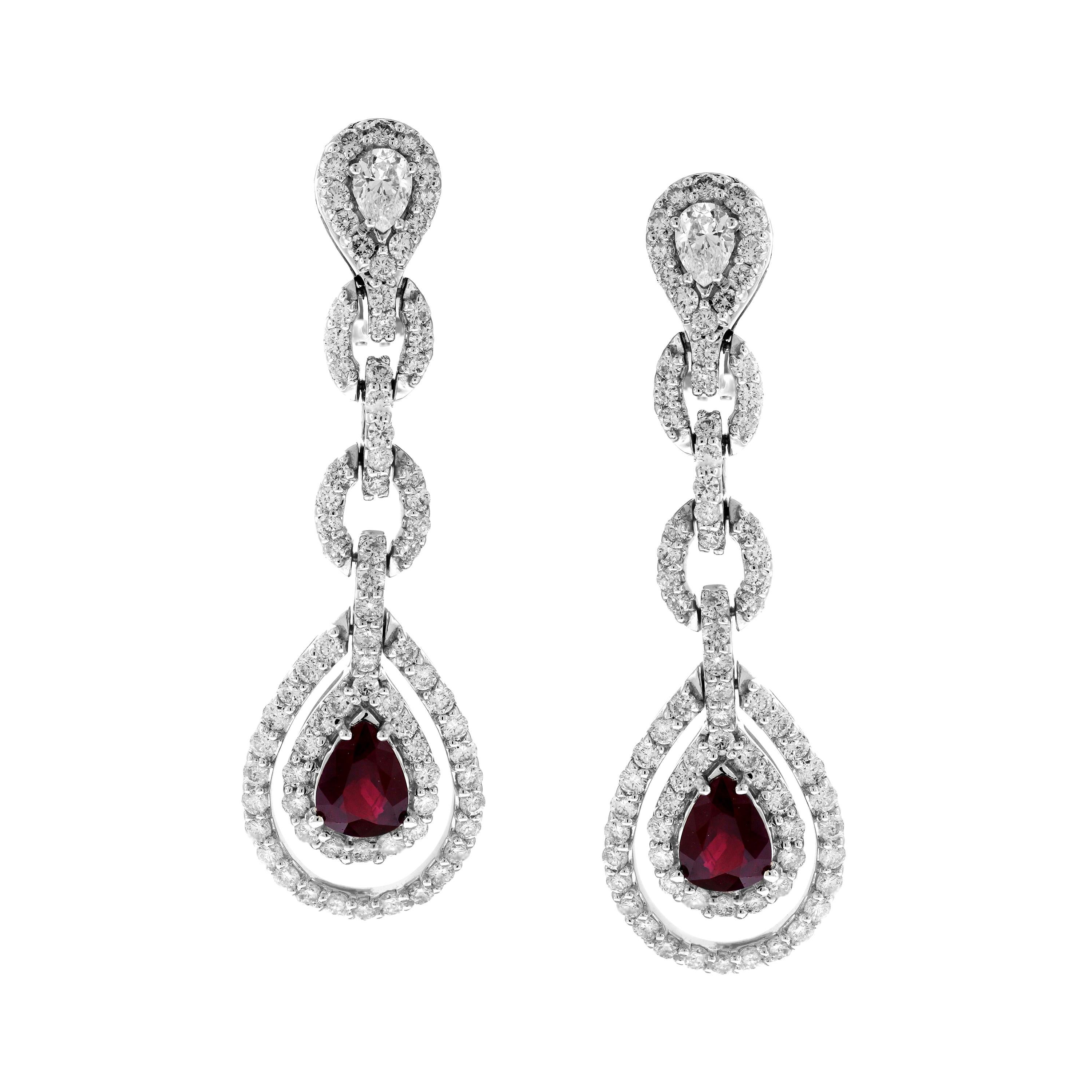 Pear Shape Ruby and Diamond 18 Karat White Gold Drop Dangle Earrings For Sale