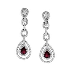 Pear Shape Ruby and Diamond 18 Karat White Gold Drop Dangle Earrings
