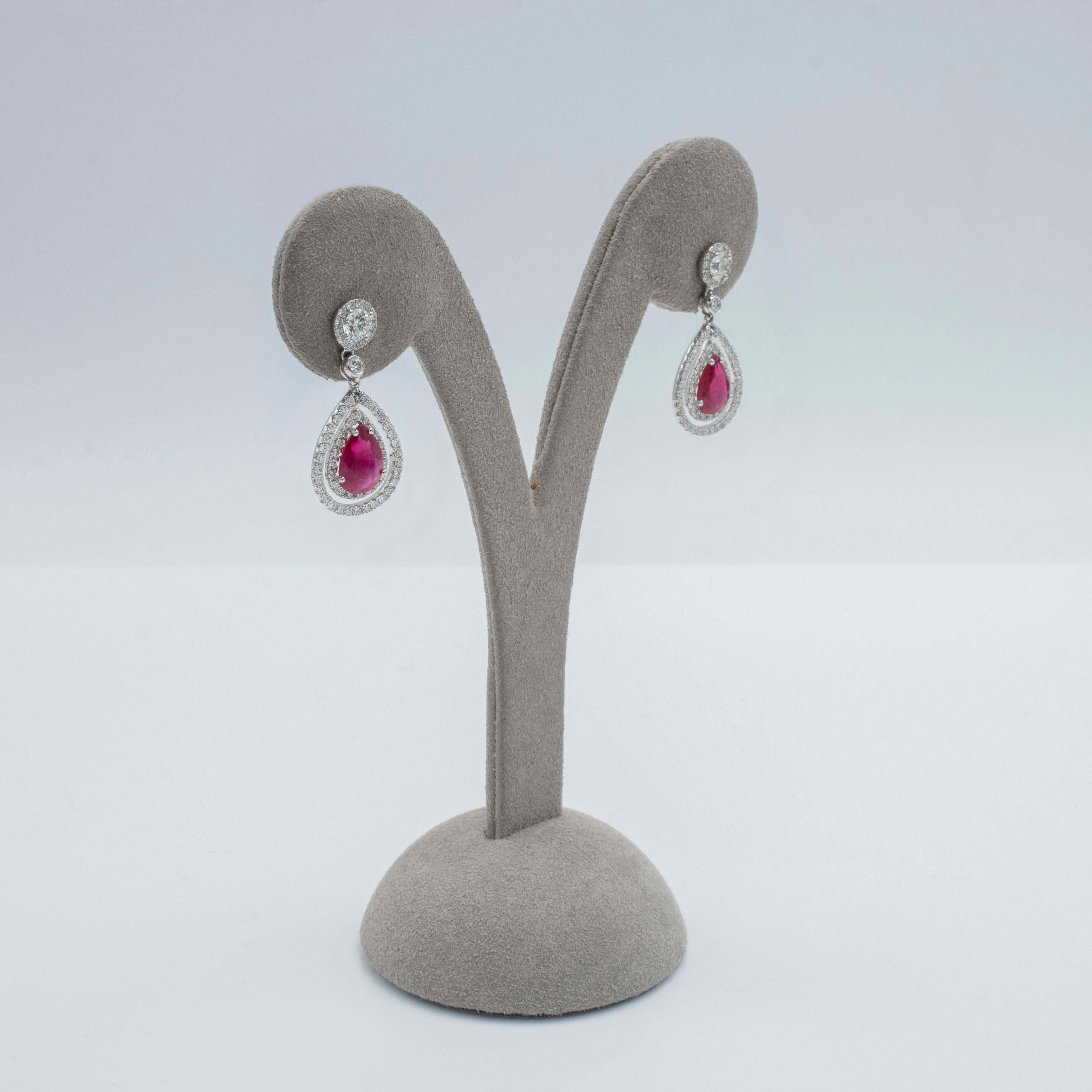Contemporary Roman Malakov 2.20 Carat Pear Shape Ruby with Diamond Double Halo Dangle Earring For Sale