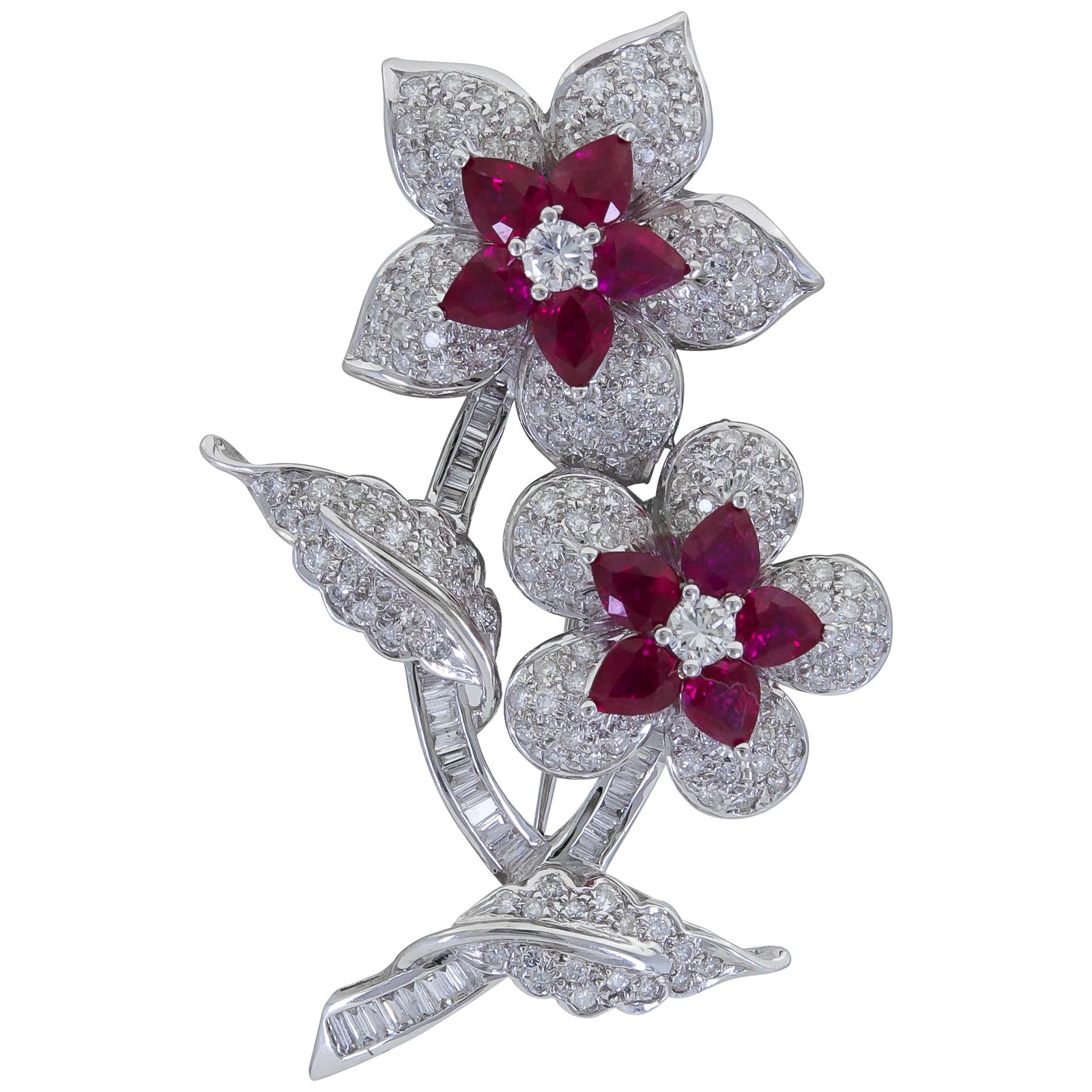 Pear Shape Ruby and Diamond Flower Brooch For Sale