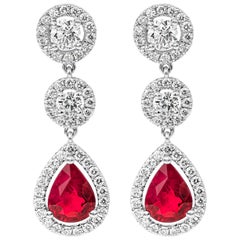 Pear Shape Ruby and Diamond Halo Dangle Earrings