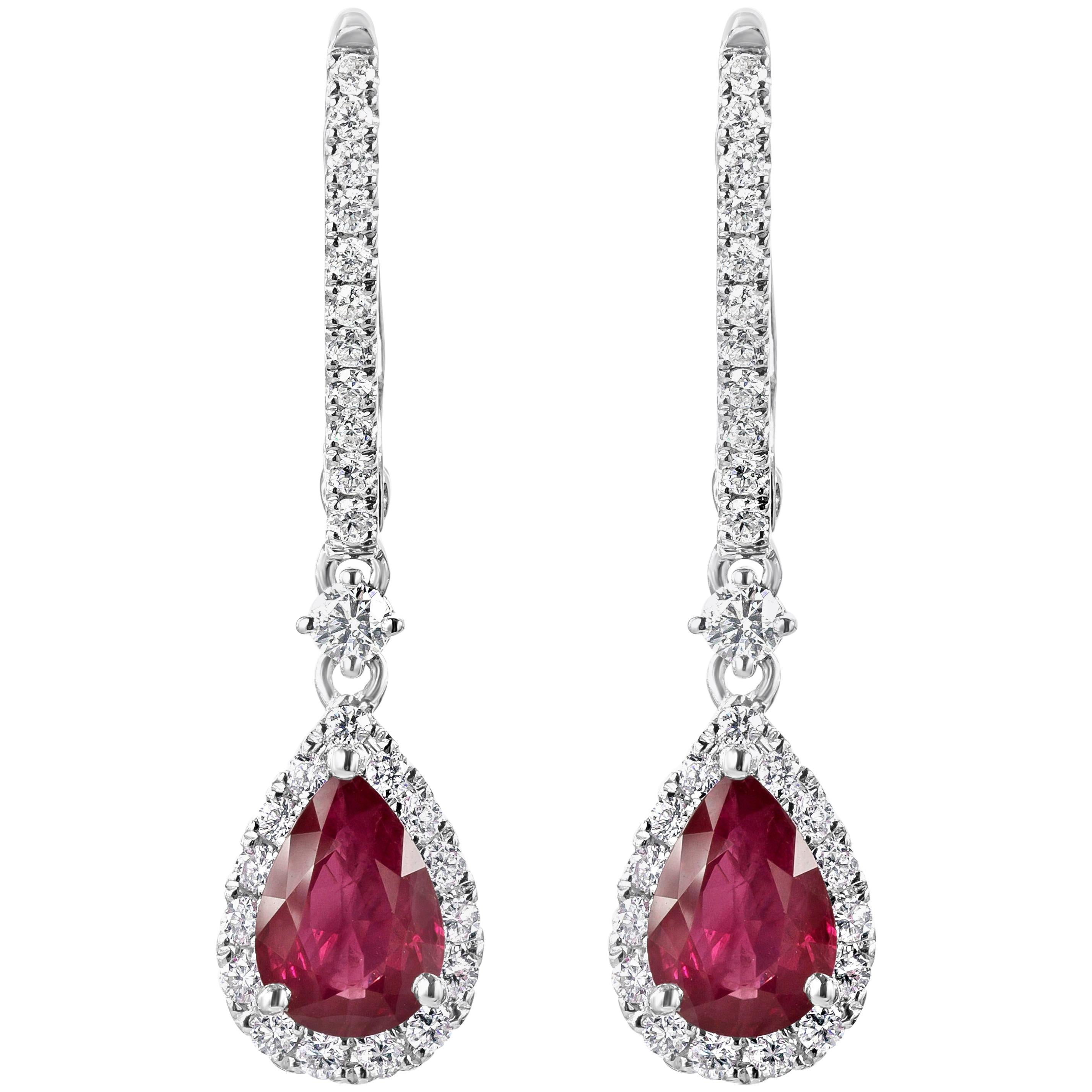 Roman Malakov 1.49 Carats Pear Shape Ruby and Round Diamond Halo Dangle Earrings For Sale
