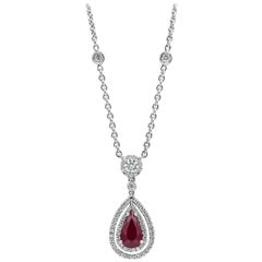Roman Malakov Pear Shape Ruby and Diamond Halo Drop Pendant Necklace