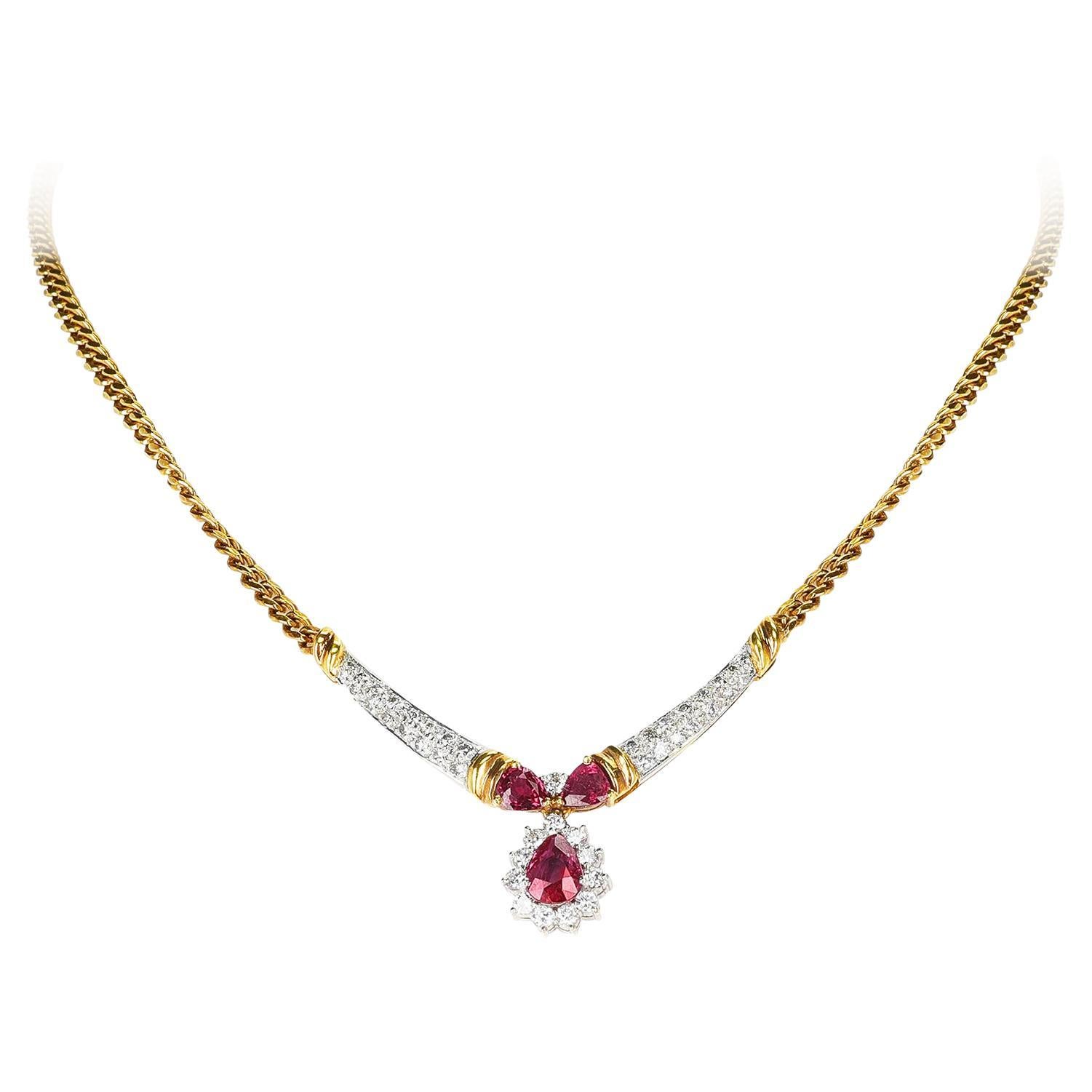 Pear Shape Ruby and Diamond Necklace, 18K Yellow Gold For Sale