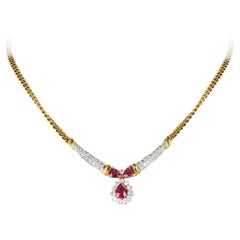 Pear Shape Ruby and Diamond Necklace, 18K Yellow Gold